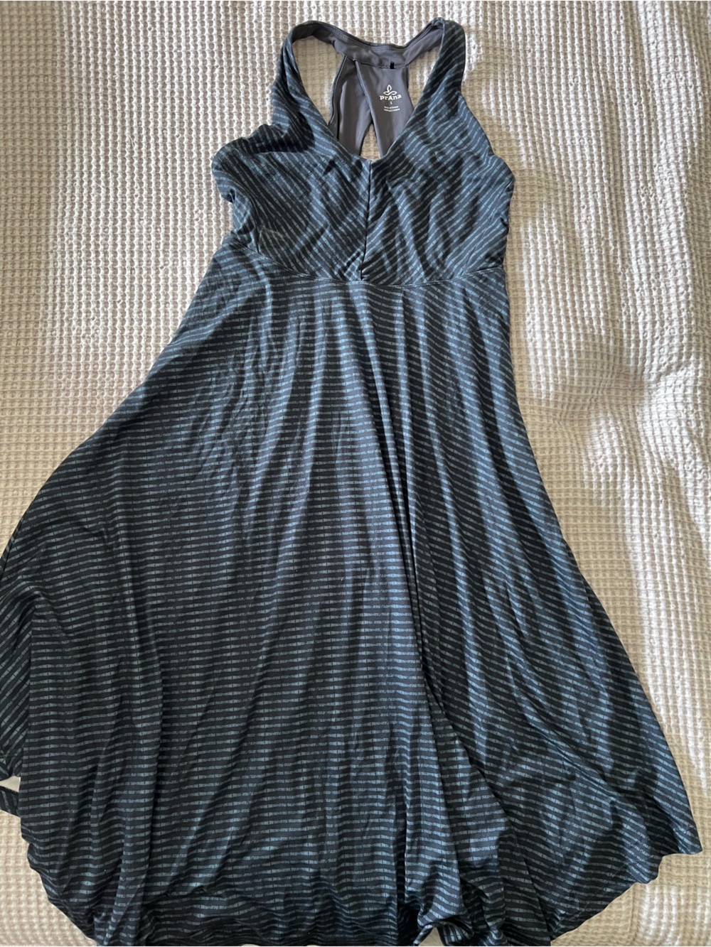 Prana Black and Gray Backless Striped Maxi Dress
